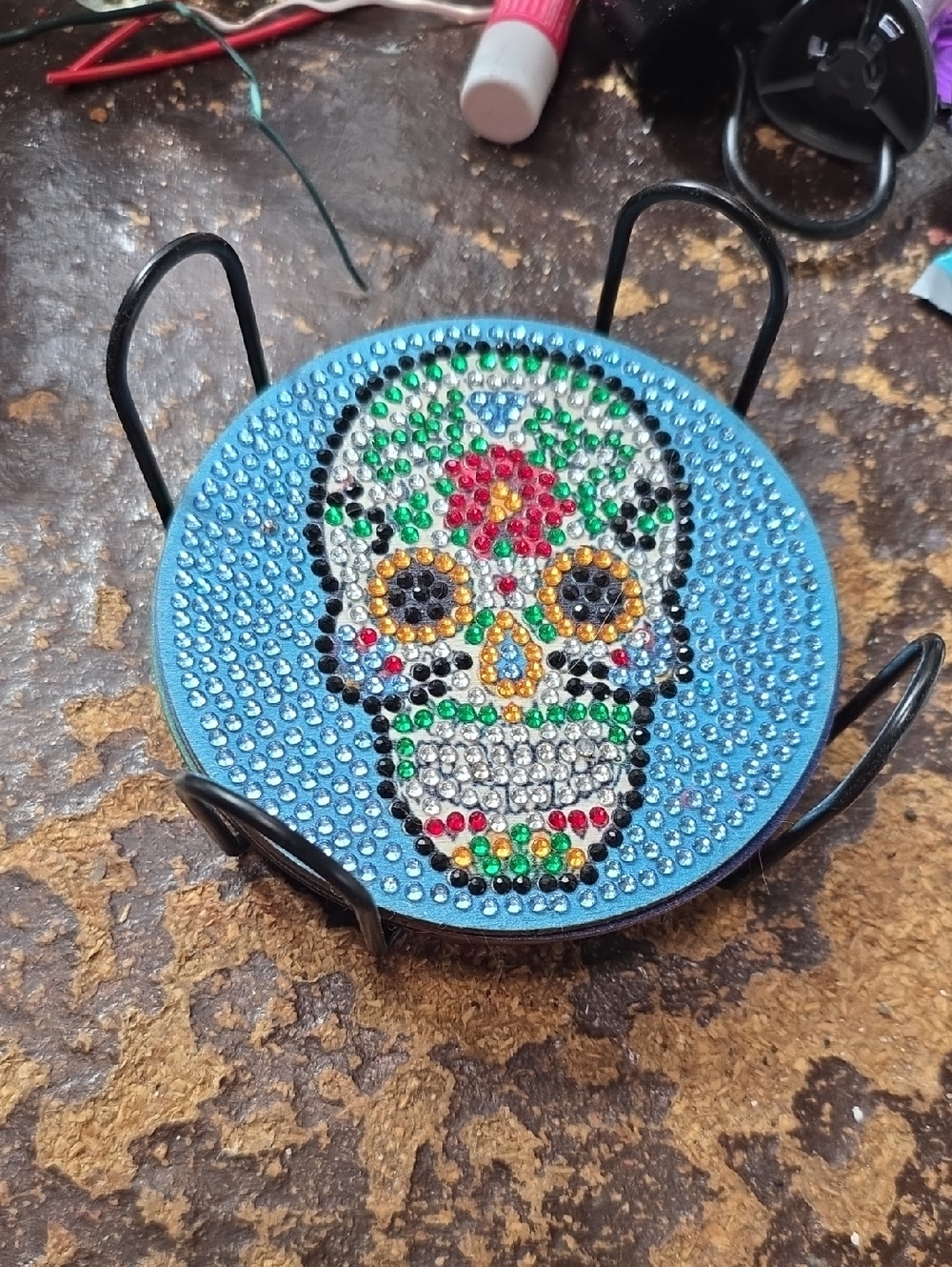 Blue Rhinestone Sugar Skull Coaster Holder - Unbranded